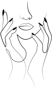 Line drawing of a face framed by two hands.