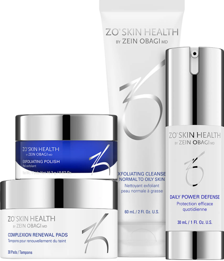 ZO Skin Health skincare product collection featuring Exfoliating Polish, Exfoliating Cleanser for normal to oily skin, Daily Power Defense, and Complexion Renewal Pads.