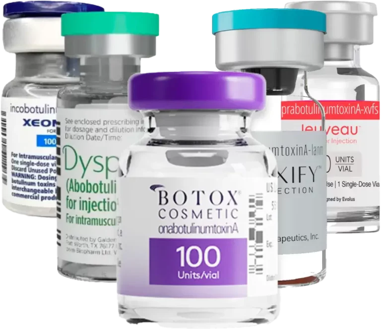 Bottles of various botulinum toxin brands, including Botox, Dysport, Xeomin, Jeuveau, and Daxxify, arranged together in a group. Each vial is labeled with its respective brand name and dosage information, with Botox prominently displayed in the center.