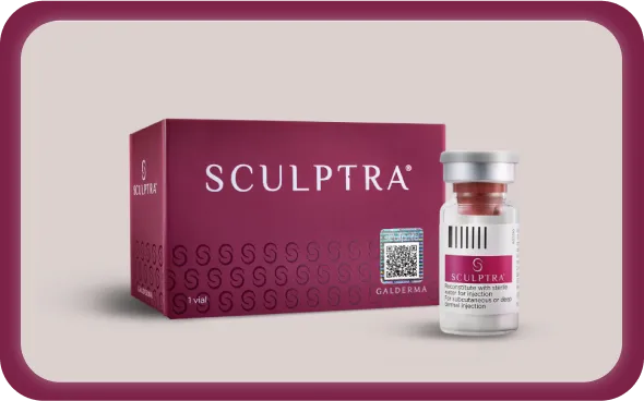 Box and vial of Sculptra injectable product by Galderma, with a red and white packaging design featuring the brand name in large text on the box and vial, and a QR code visible on the box.