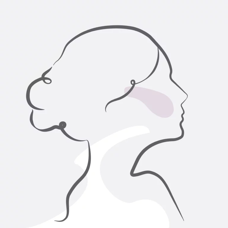 Minimalist line drawing of a woman's side profile with abstract shapes in soft pastel colors for accent.