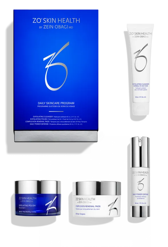 ZO Skin Health Daily Skincare Program set, featuring Exfoliating Cleanser, Exfoliating Polish, Complexion Renewal Pads, and Daily Power Defense, packaged in sleek blue and silver containers with the brand's logo.